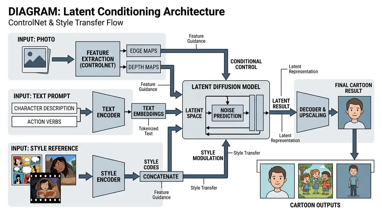 Technical architecture diagram showing conditioning pathways for ControlNet and style transfer models