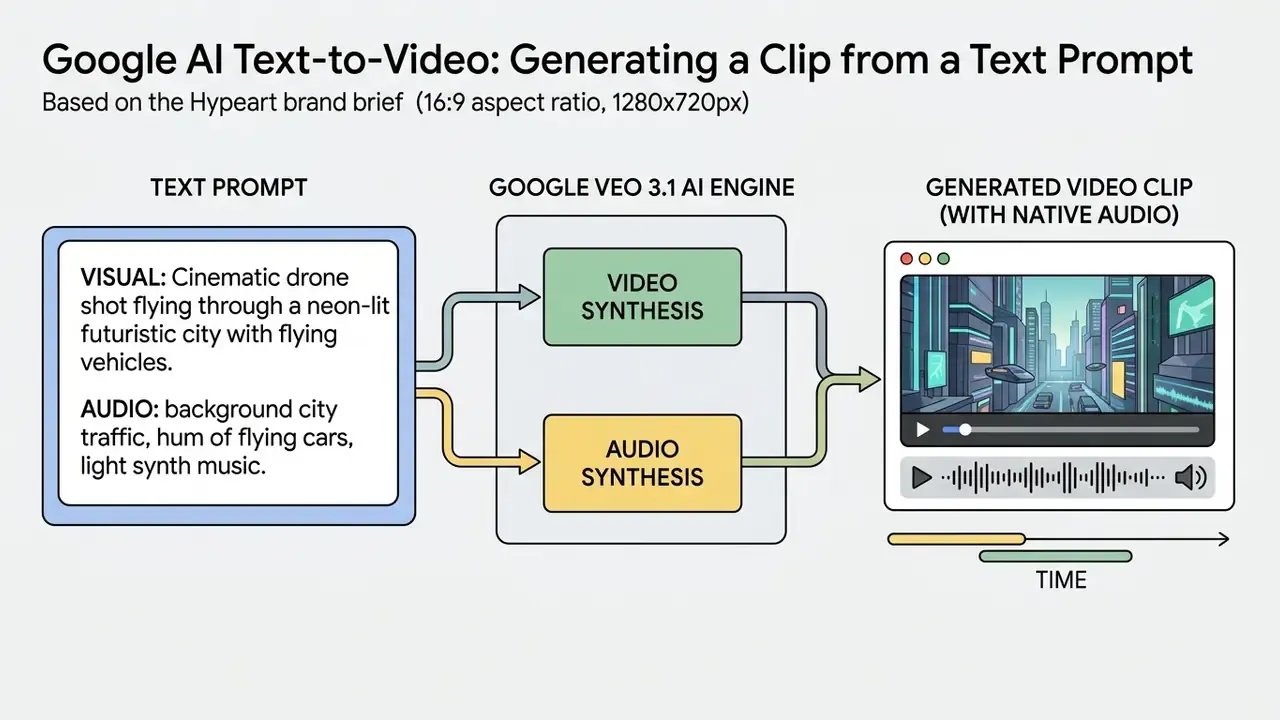 Process flow showing a text prompt feeding into the Google Veo 3.1 engine to synthesize video and audio
