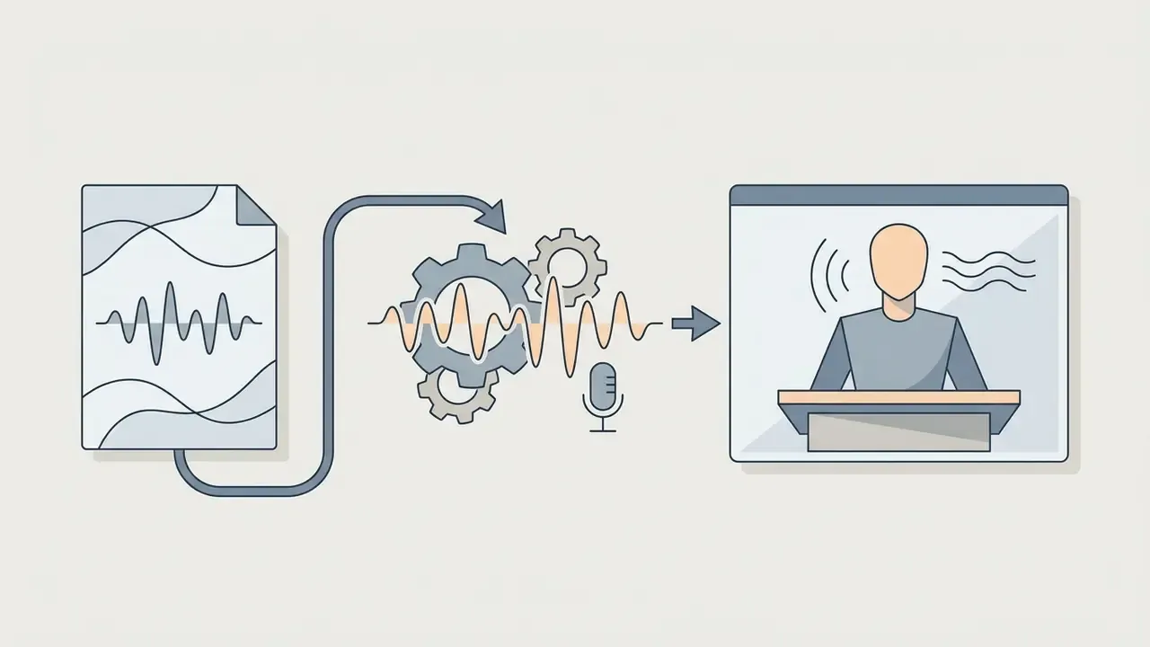 Audio file being processed by gears and a microphone to animate a digital speaking avatar