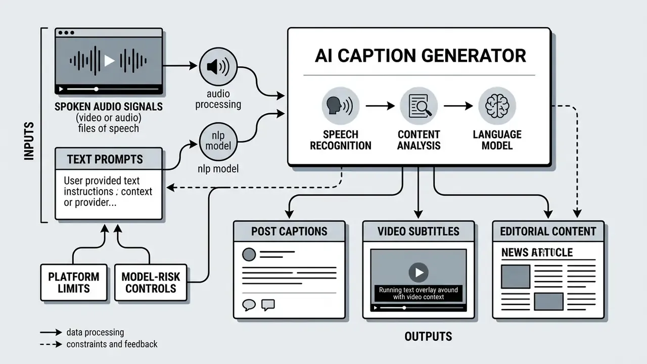 Diagram showing audio and text inputs processed by an AI caption generator into various media outputs
