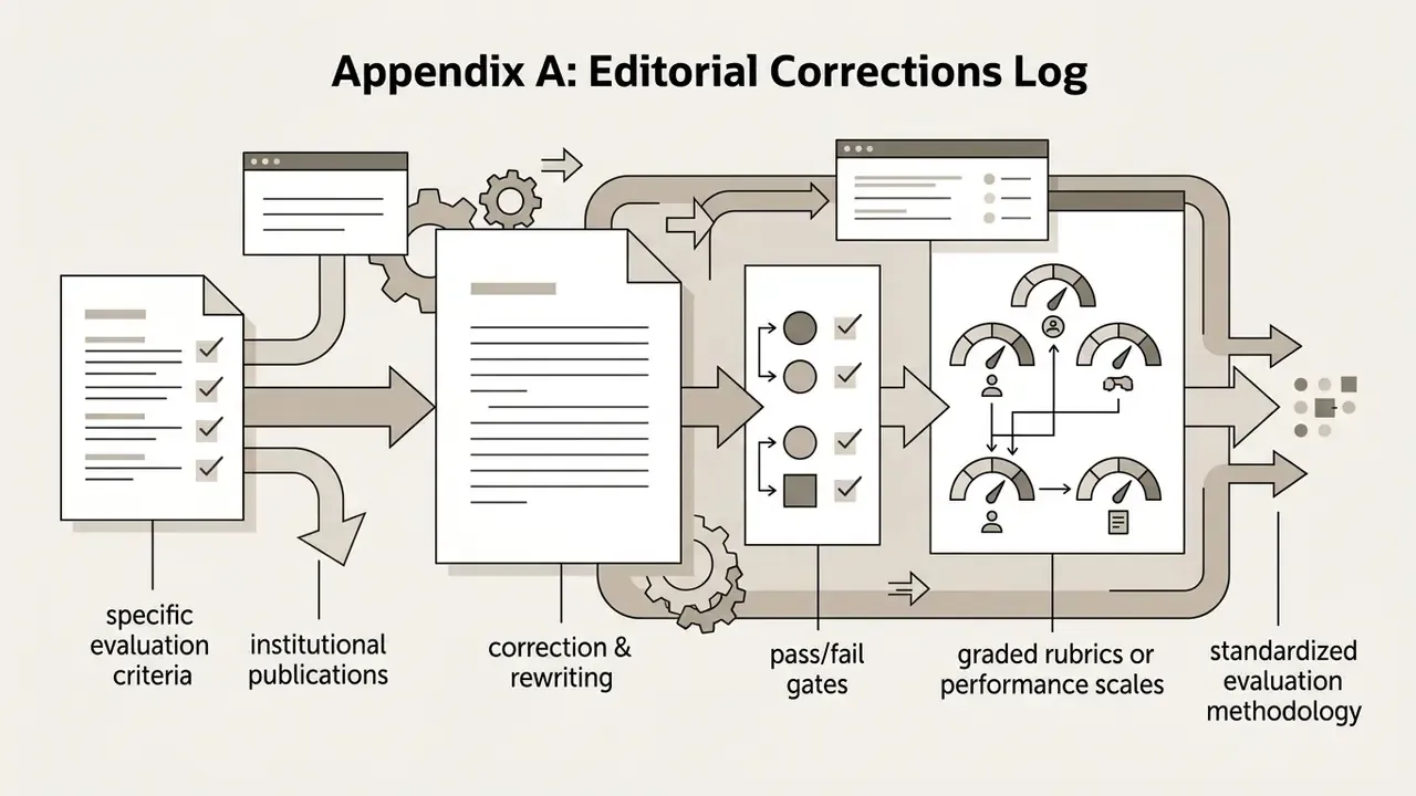 Process showing evaluation criteria and publications moving through pass-fail gates and performance gauges