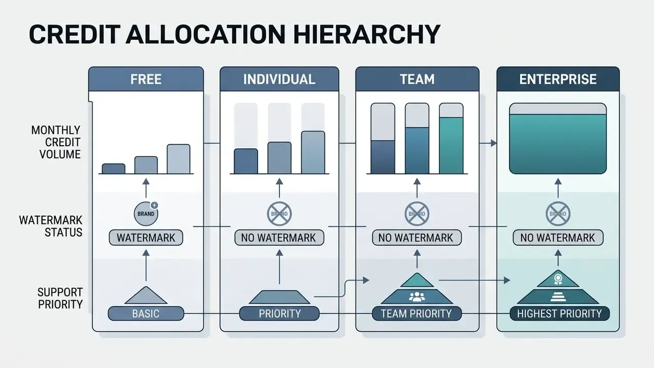 Comparison chart showing credit volumes, watermark status, and support tiers for various subscription plans