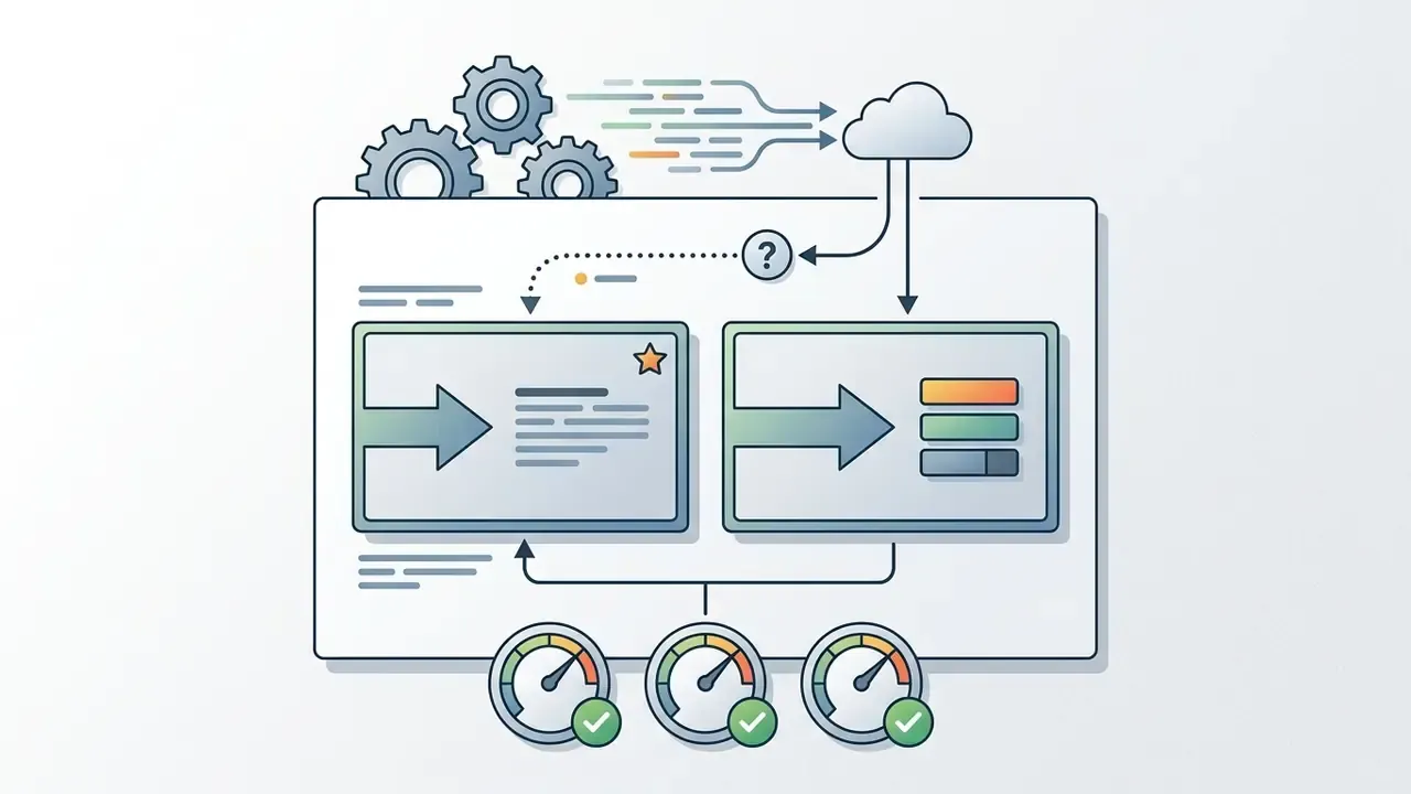 Two rectangular frames with arrows and data icons connected to cloud processing and performance gauges