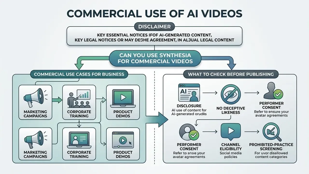 Decision tree comparing business use cases for AI videos against essential pre-publishing requirements