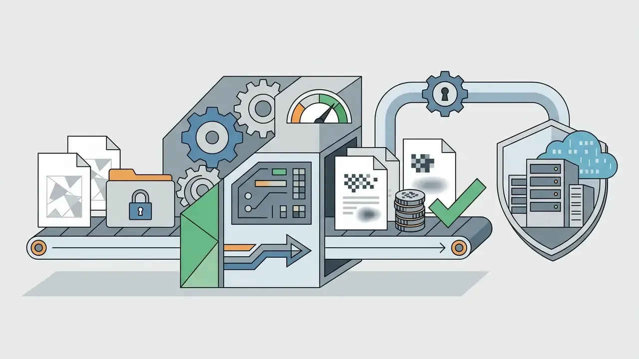Files moving through a processing machine with gears and gauges toward a protected server environment