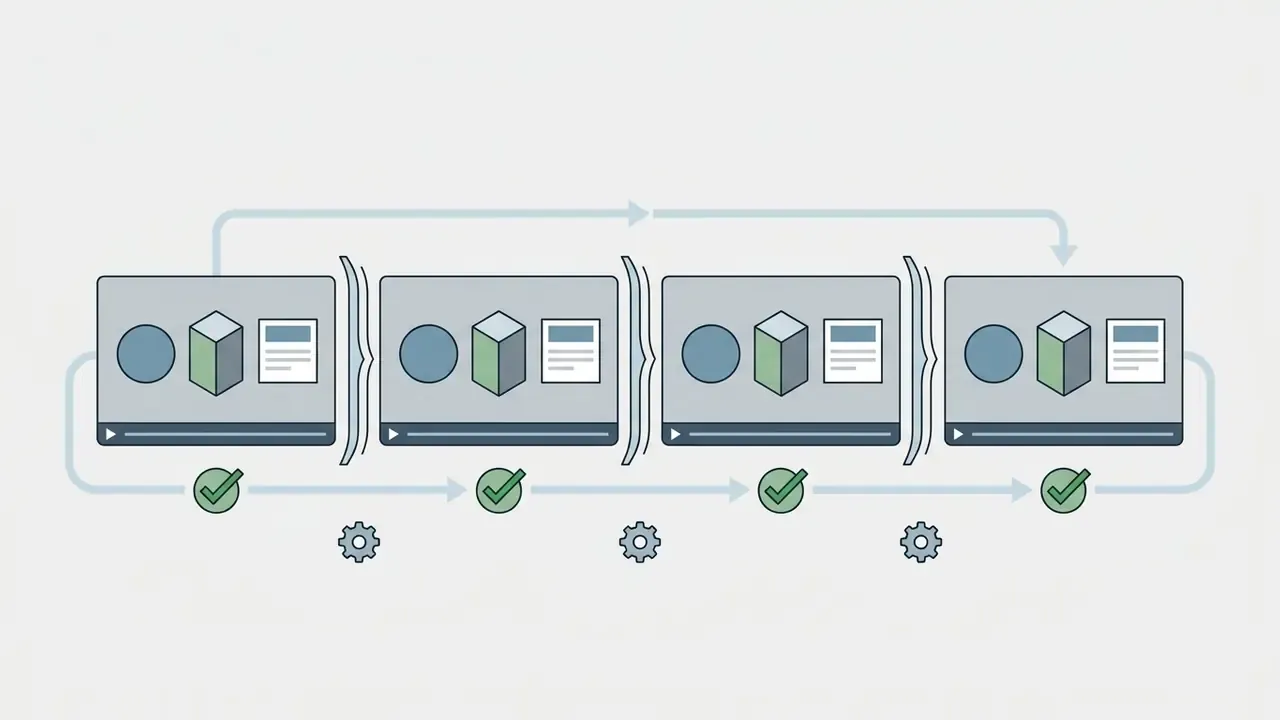 Sequential video frames passing through quality checks with green checkmarks and gear icons