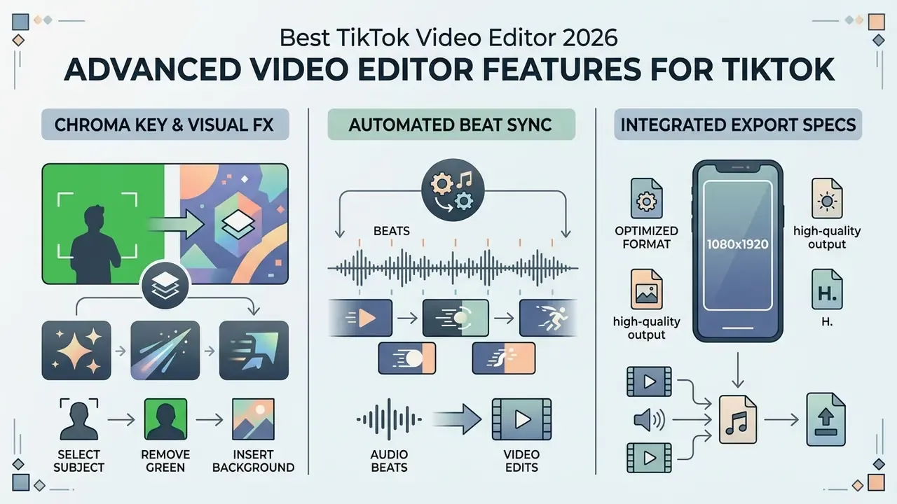 Infographic showing chroma key background removal, automated beat synchronization, and export specifications