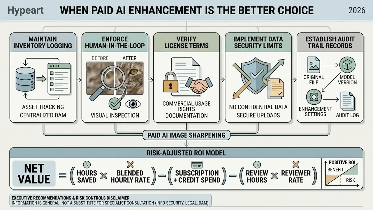 Flowchart detailing five risk controls for paid AI enhancement and a net value ROI calculation formula