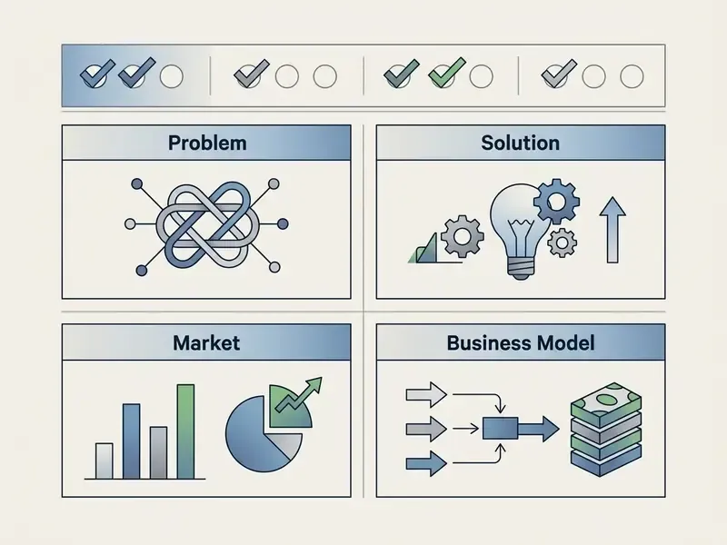 Four quadrant matrix displaying business concepts with icons for problem, solution, market, and model