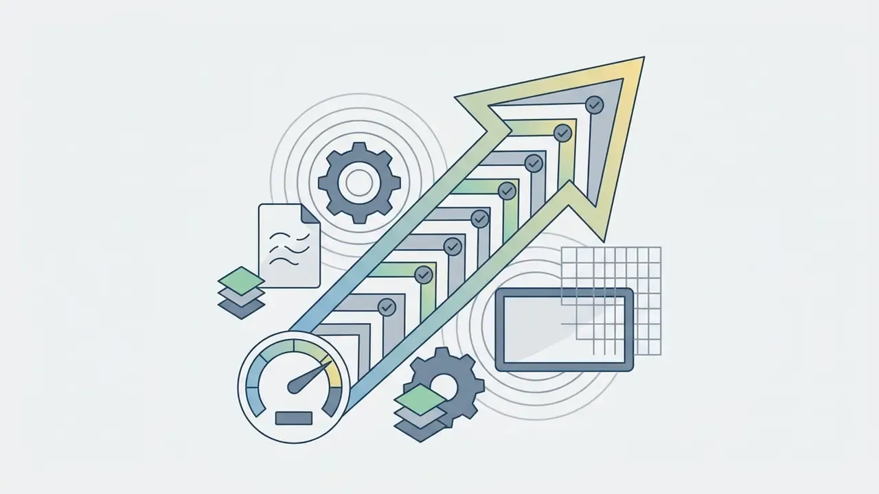 Upward arrow composed of layered segments with checkmarks next to a speedometer and digital icons