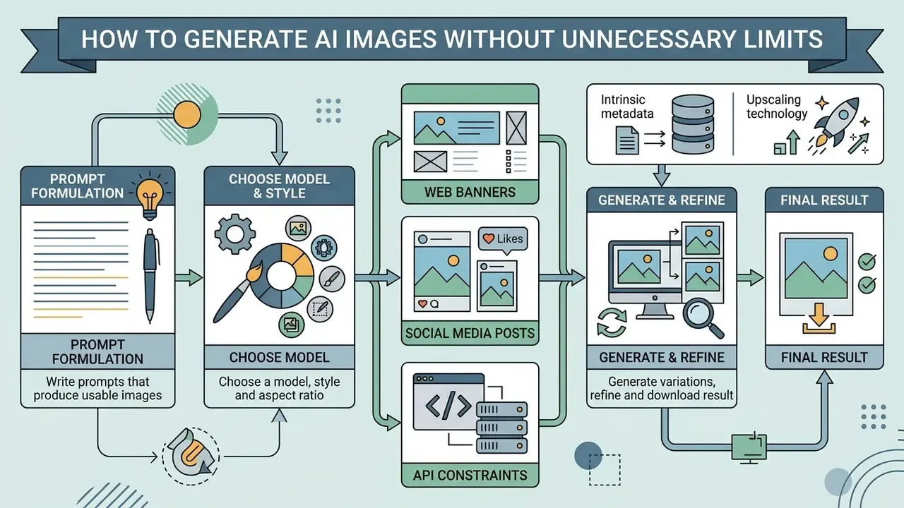 Workflow diagram detailing steps from prompt formulation to final image refinement and download