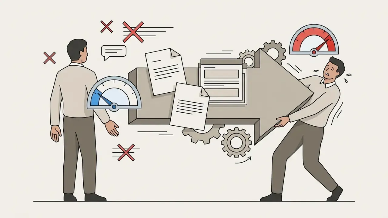 Two men moving a large arrow containing documents past gears, gauges, and red X marks