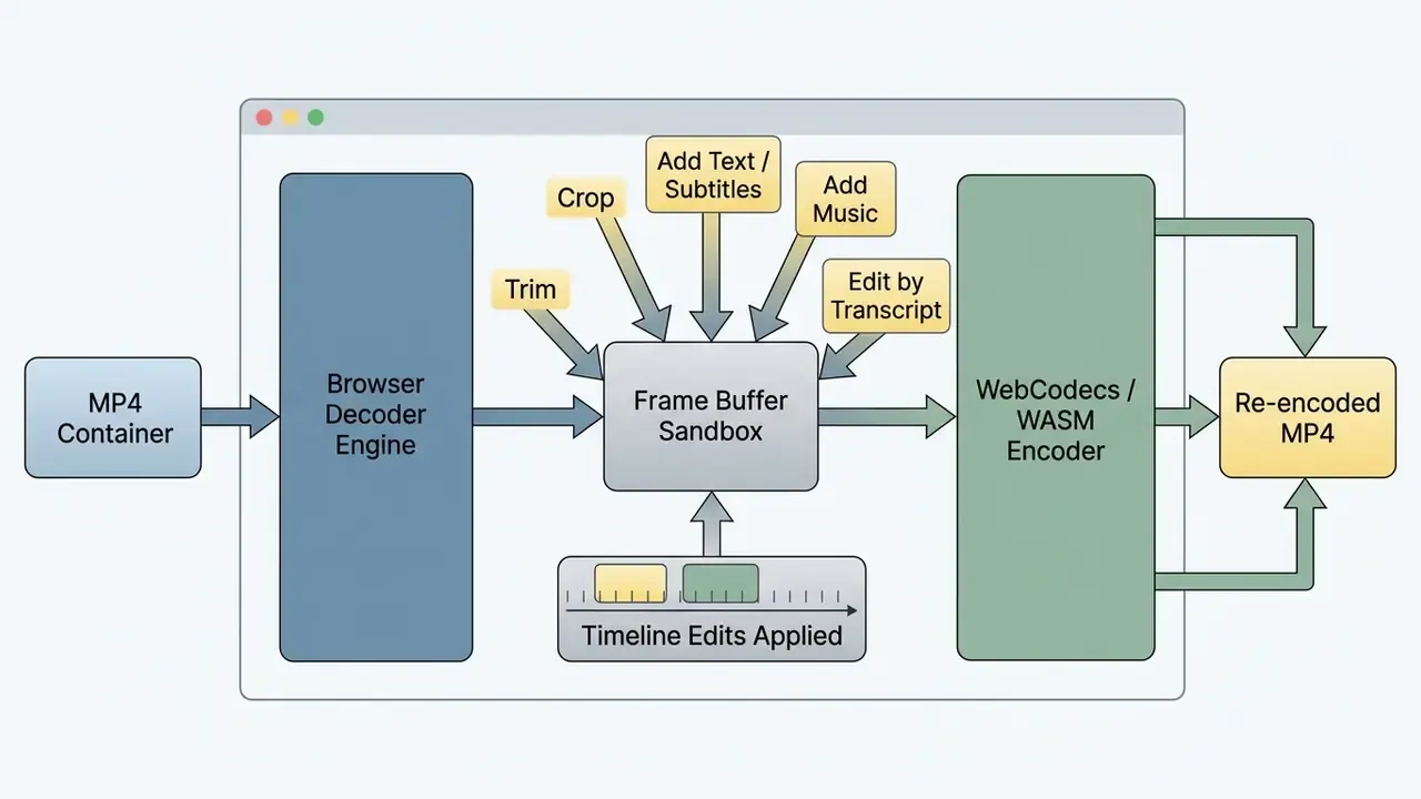 Technical diagram showing the browser processing pipeline to edit video MP4 online from input to export
