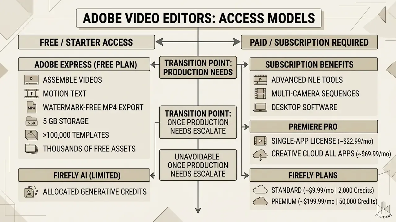 Diagram comparing free and paid access models for creative software based on production requirements