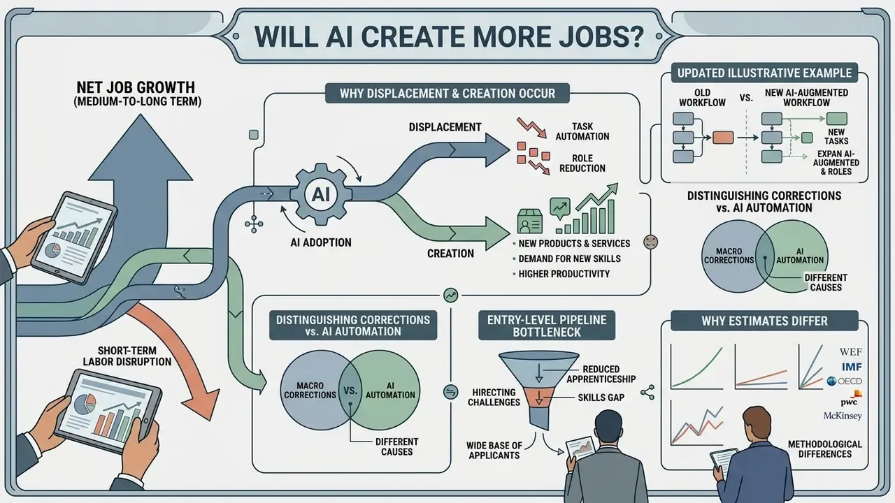 Infographic showing how AI adoption leads to both job displacement and new job creation pathways