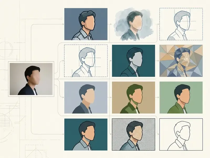 Flowchart showing a single portrait photo being transformed into various artistic cartoon styles