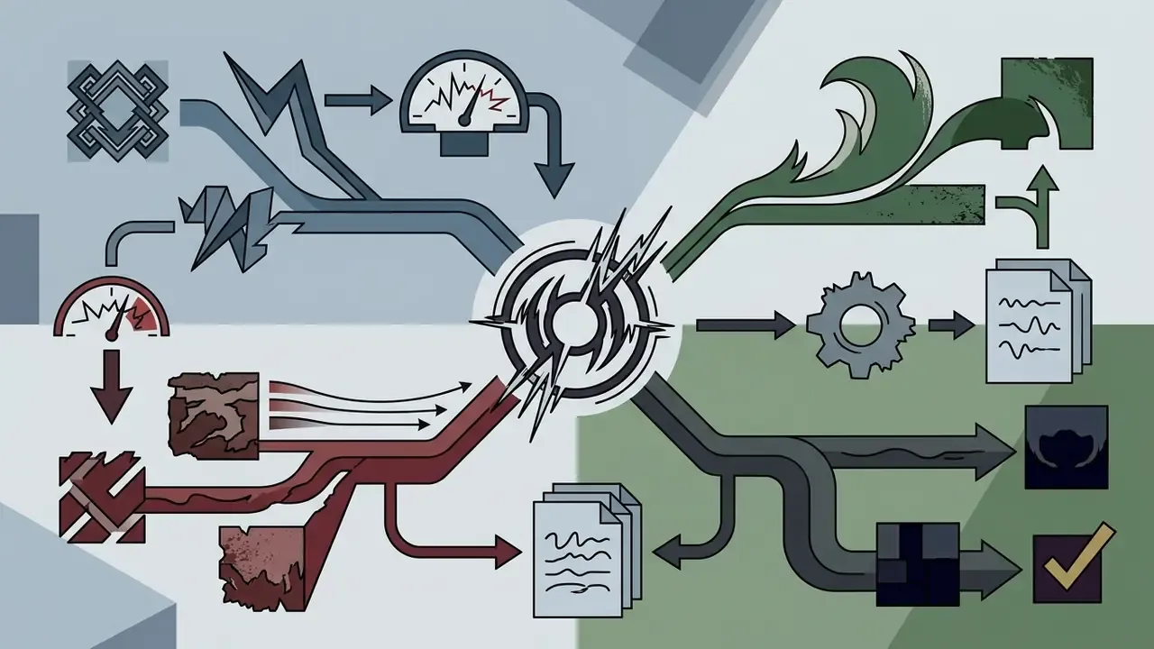 Central energy core radiating paths to musical style icons, gauges, and documents for an AI song creator