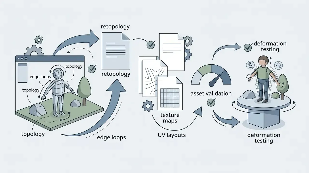 Workflow showing 3D modeling stages from topology and retopology to texture mapping and deformation testing