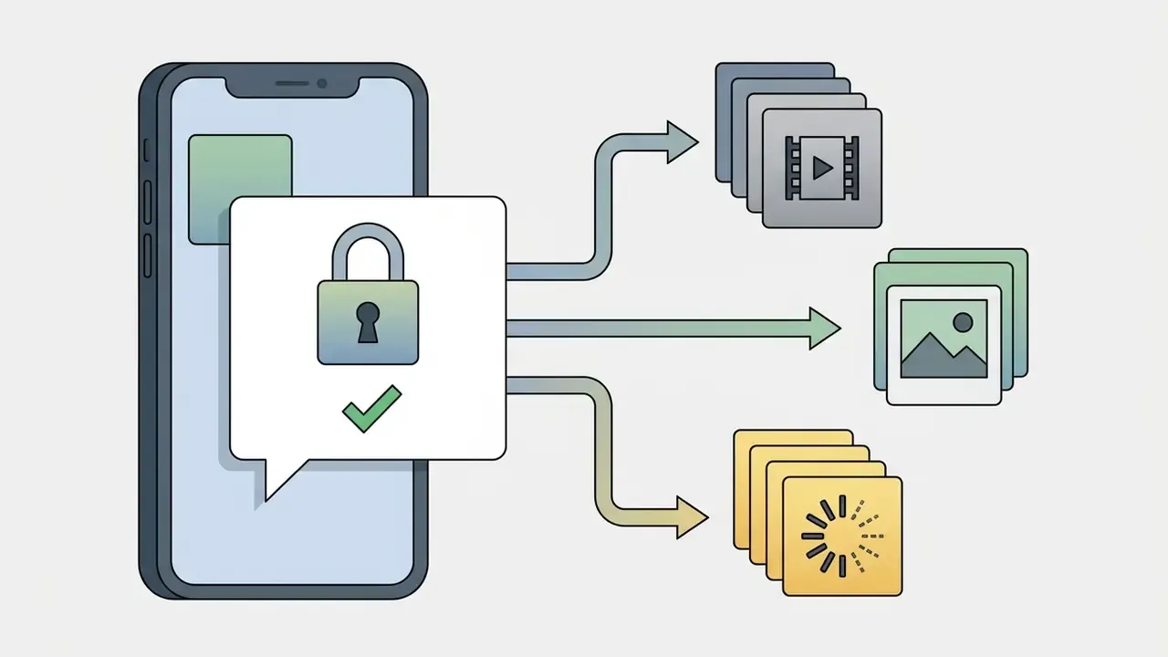 Smartphone displaying a permission request with a lock icon pointing to categorized media file folders