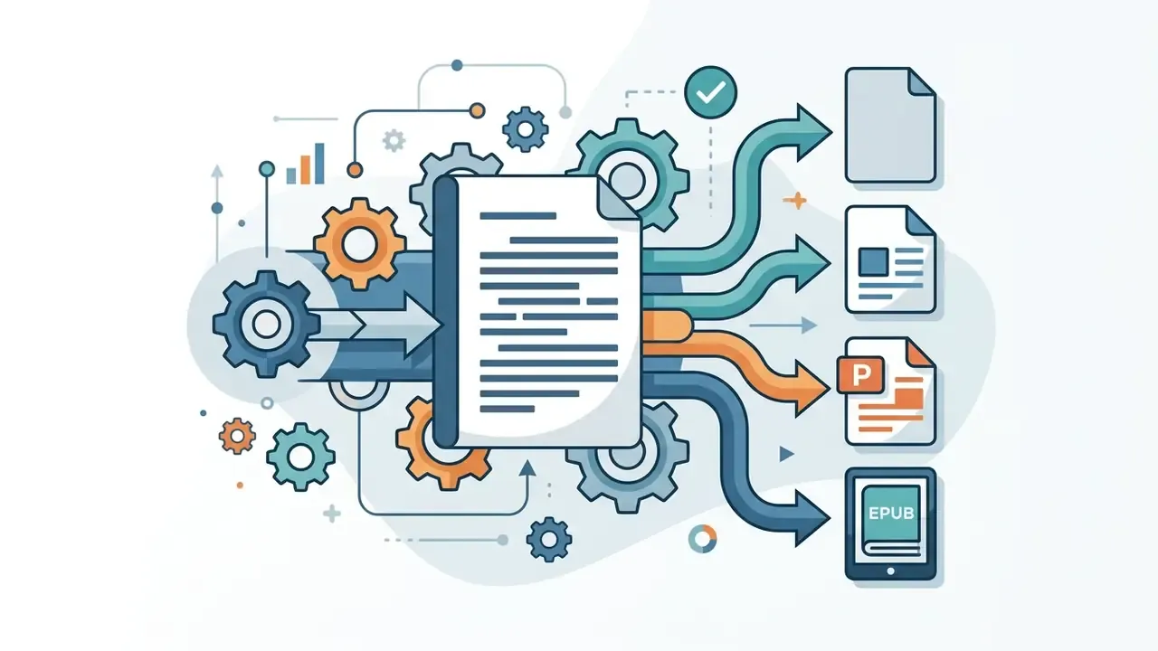 Document being processed through gears and branching into multiple file formats like PDF and EPUB