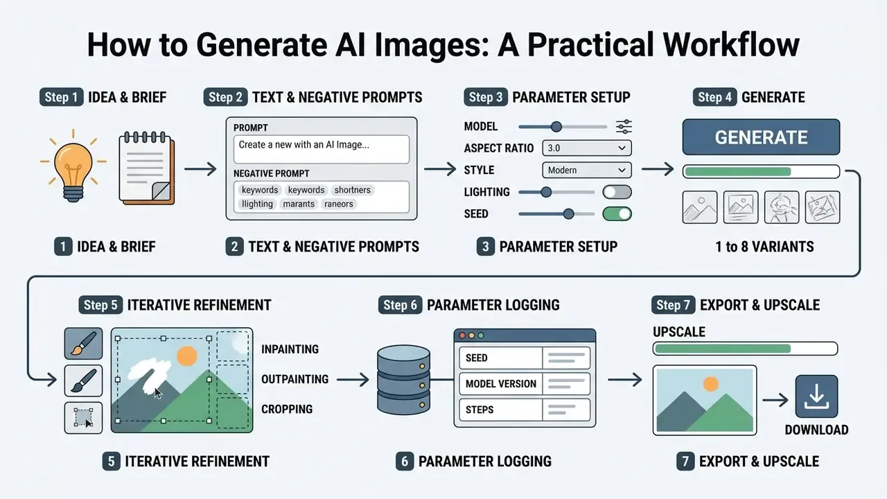 Seven-step flowchart showing the process to generate AI images from initial concepts to final download