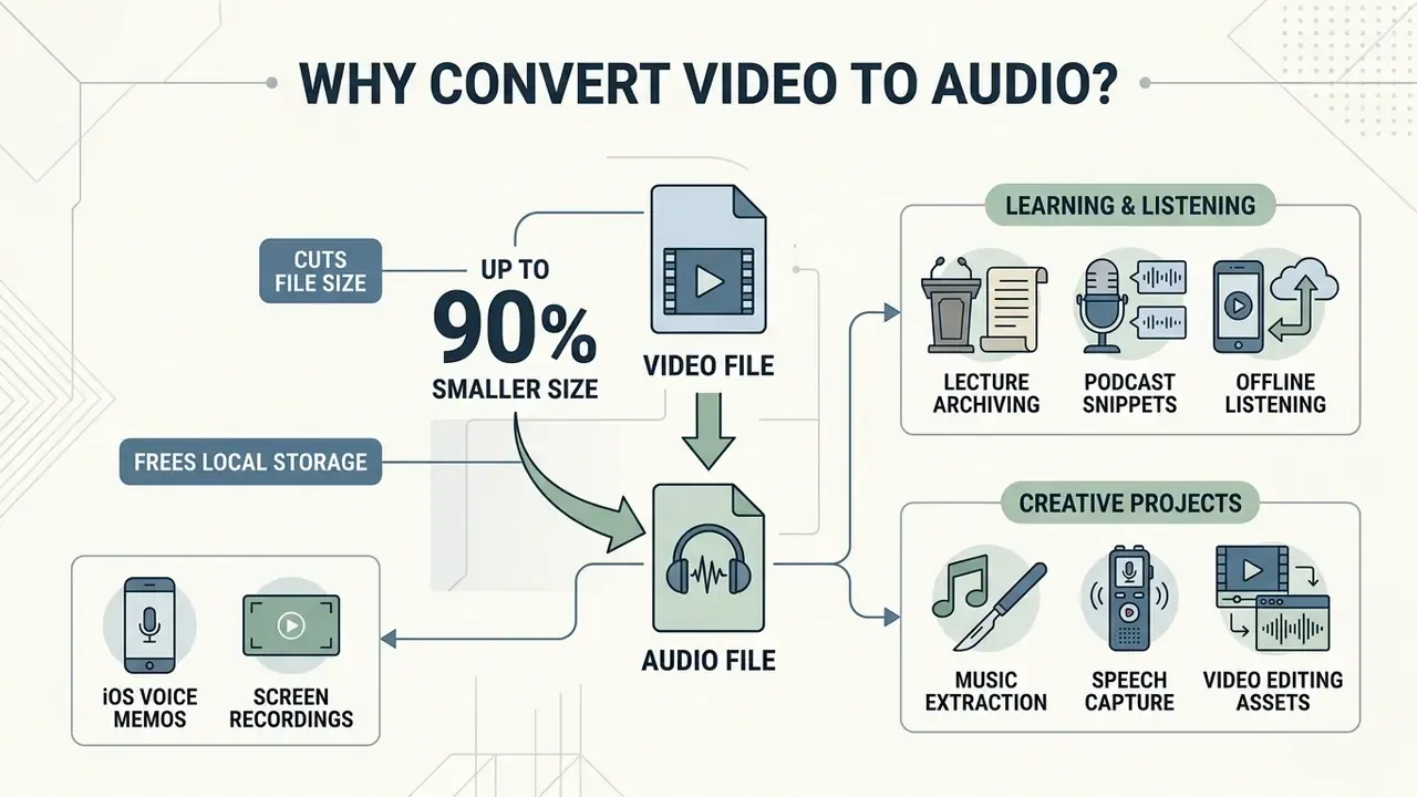 Infographic showing how converting video to audio reduces file size and supports various creative projects