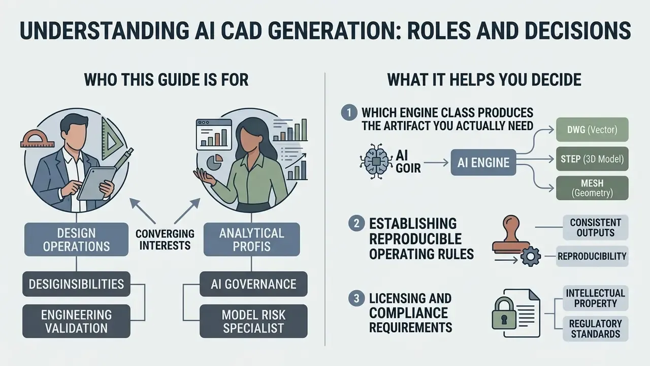Infographic showing professional roles and key decision factors for using an AI CAD drawing generator