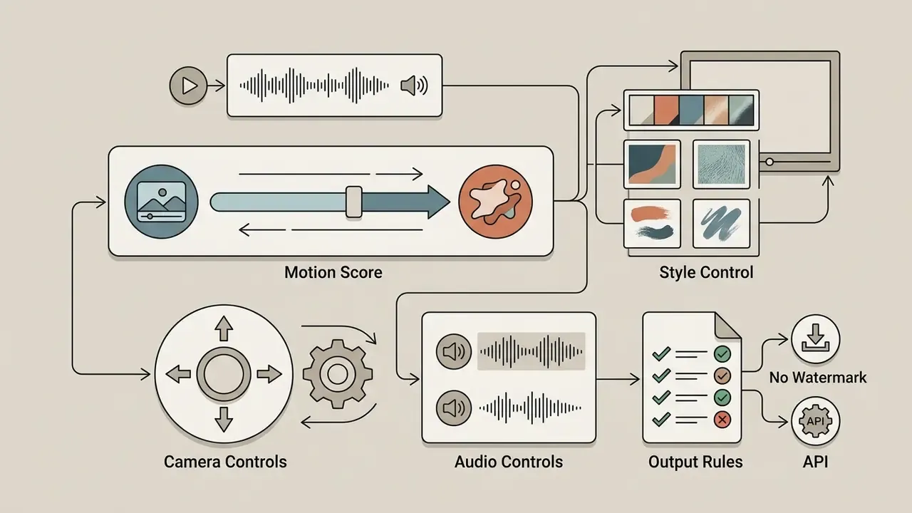 System of sliders and icons representing adjustments for motion, camera, audio, and video output styles