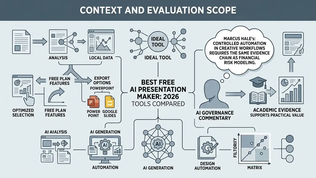 Flowchart outlining the evaluation criteria and governance framework for a best free AI presentation maker