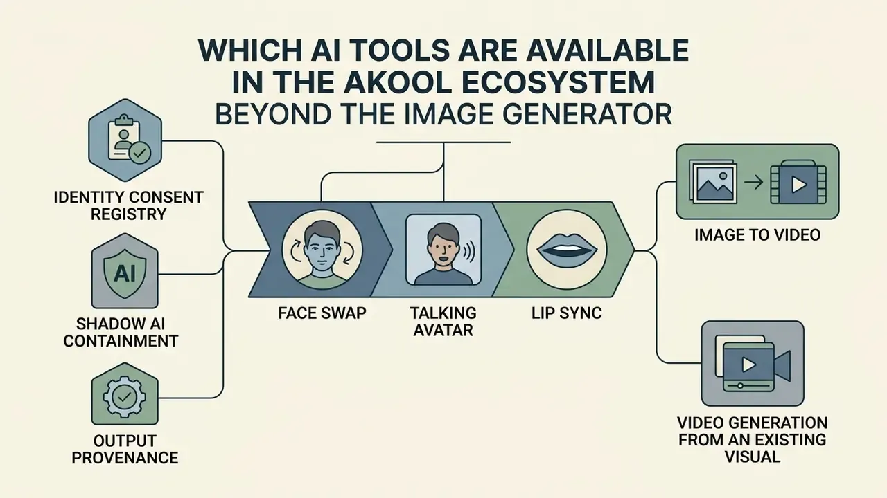 Diagram showing Akool platform features including identity registry, face swapping, and video generation