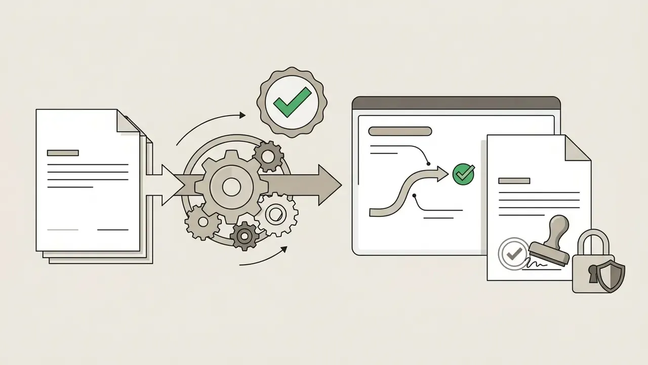 Documents moving through a gear mechanism to a digital interface with a stamp and a padlock icon