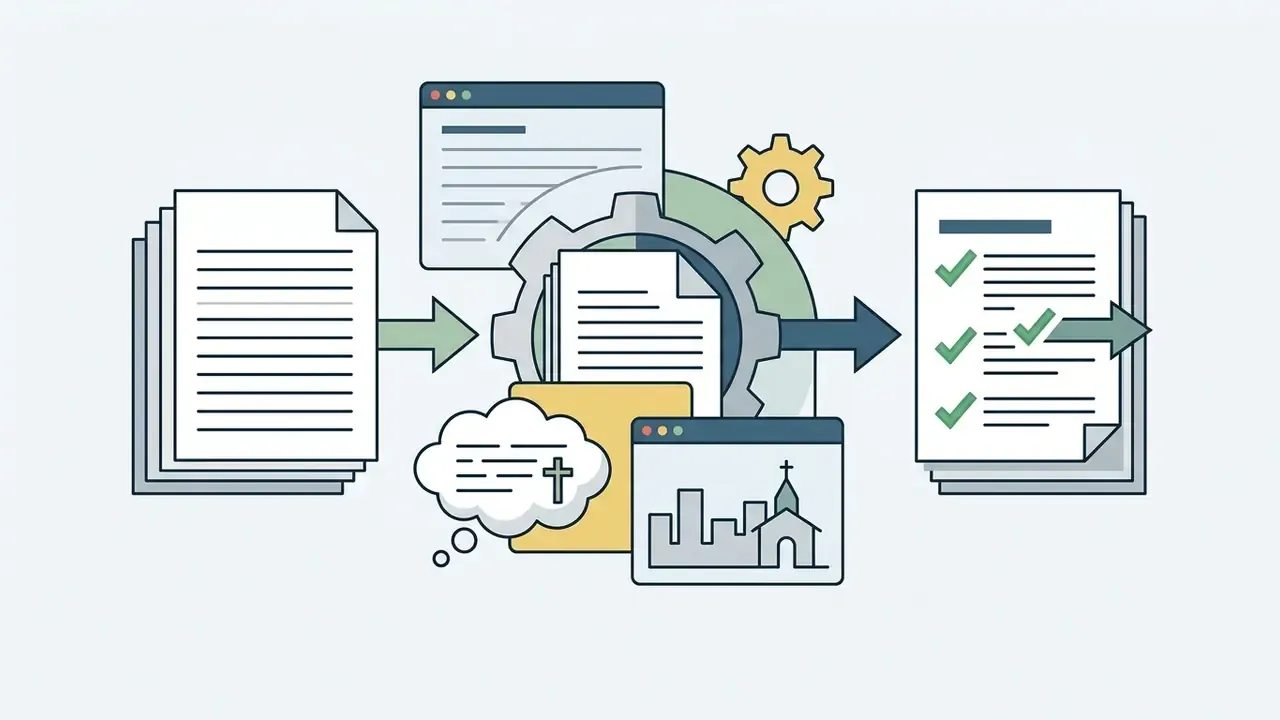Documents and church icons moving through a gear system to produce a finalized checklist of content