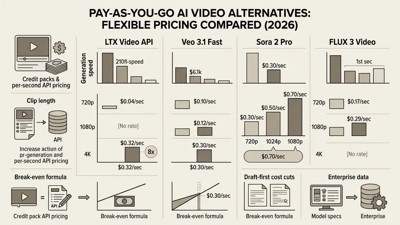 Comparison table displaying 2026 per-second pricing for LTX Video API, Veo 3.1 Fast, Sora 2 Pro, and FLUX 3 Video