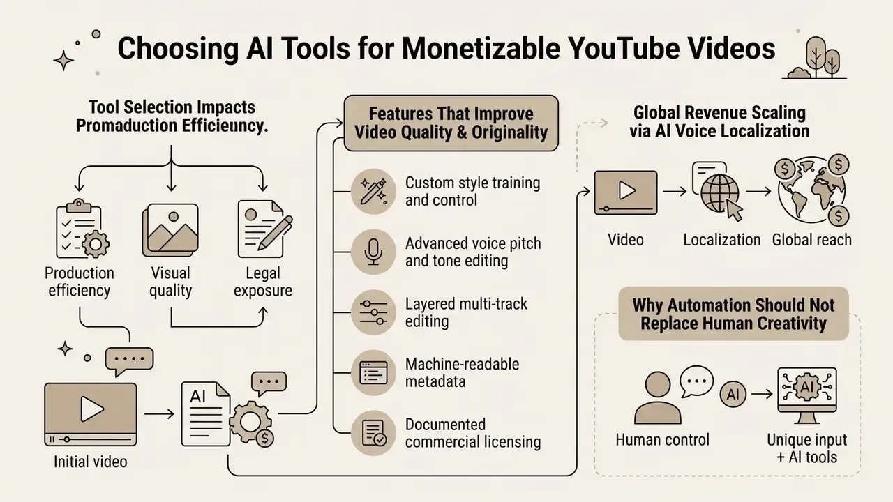Diagram outlining key features for AI tools that improve video quality, originality, and global reach