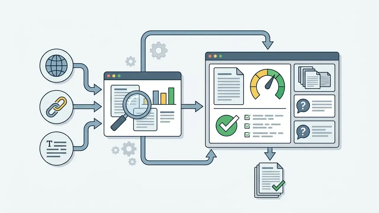 Inputs feeding into a research window and an editor dashboard with scoring and content checklists