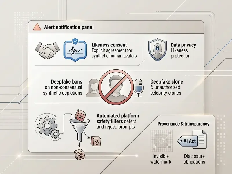 Alert panel outlining compliance requirements for AI video like consent, deepfake bans, and safety filters