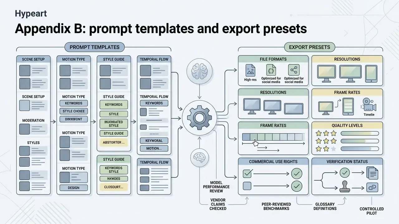 Layout of prompt templates and export presets connected to a central engine for model performance review
