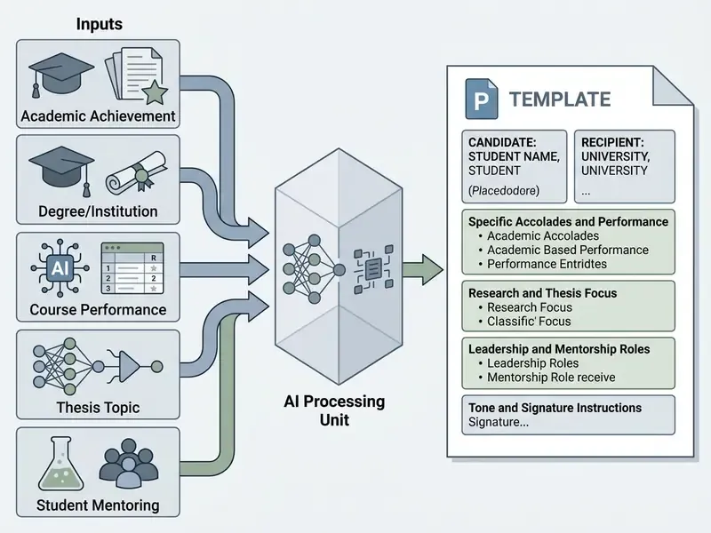 Flowchart showing academic inputs feeding into an AI processing unit to generate a structured document template