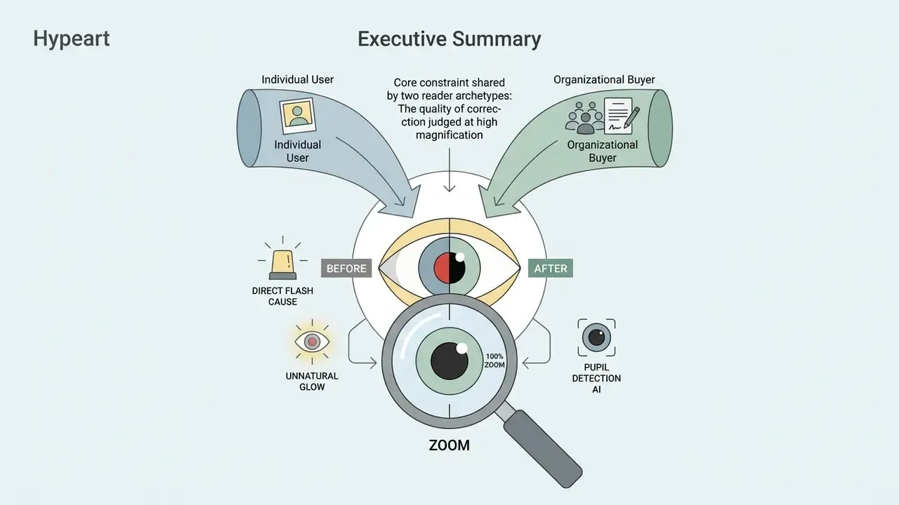 Infographic showing how individual and organizational users evaluate red eye remover quality at high zoom
