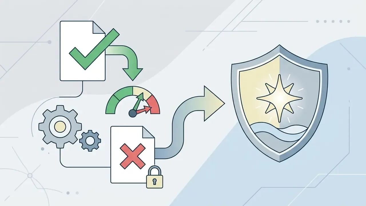 Mechanical gears processing documents toward a gauge and a protective shield icon