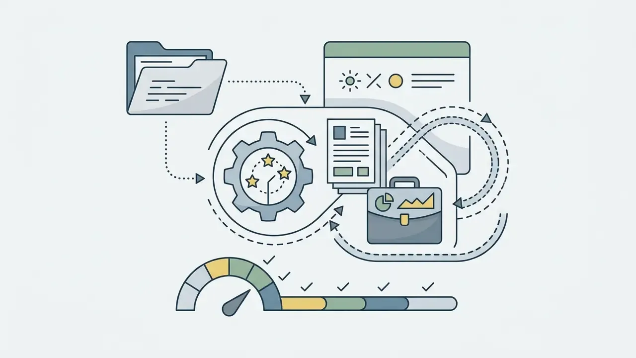 Icons of a folder, gear, documents, and briefcase connected by looping arrows above a progress meter