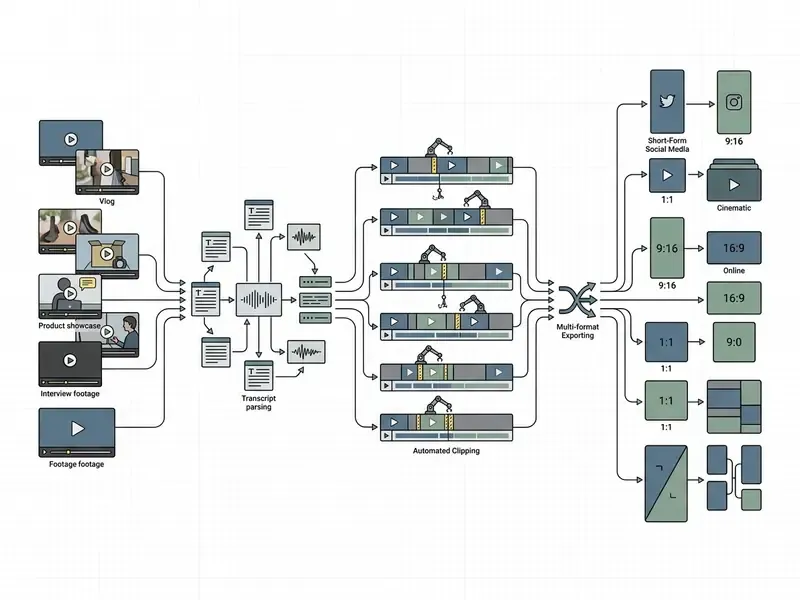 Diagram showing footage ingestion, transcript parsing, automated clipping, and multi-format exporting