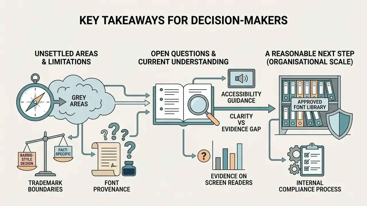 Diagram showing legal grey areas, research steps, and an approved font library for organizations
