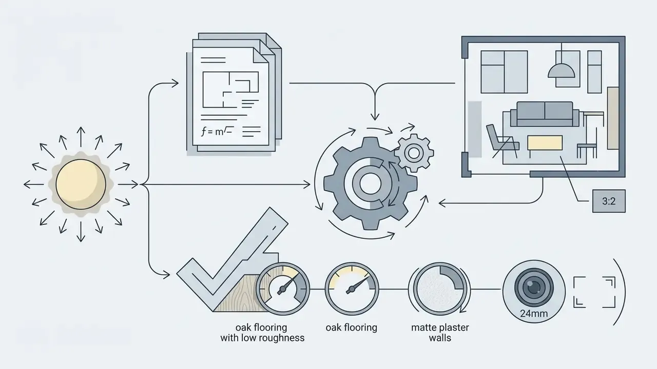 Sun icon feeding into architectural blueprints, gear mechanisms, and gauges to render a living room layout