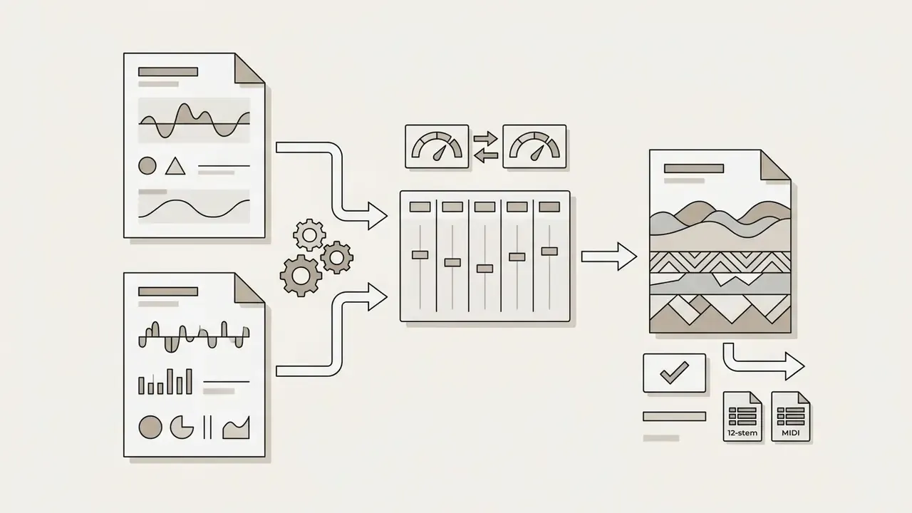 Two audio files merging through a mixing console to create a layered track with export options