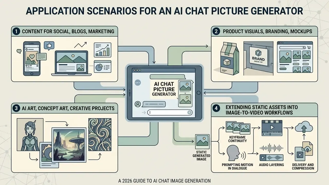 Central tablet interface surrounded by four boxes detailing creative workflows and video production steps