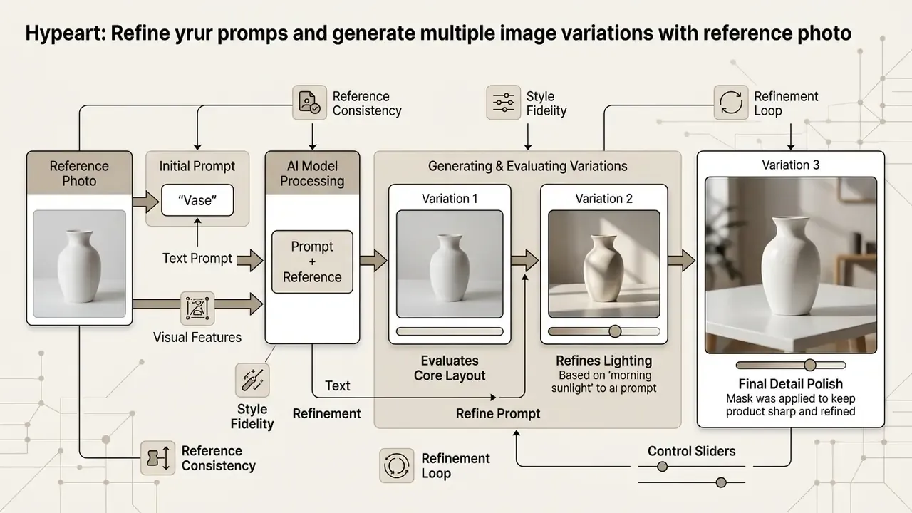 Flowchart showing an AI image generator using a reference photo to refine product variations through steps