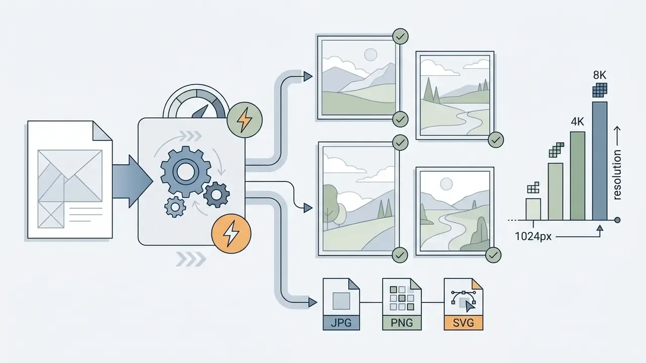 Process flow showing an AI landscape generator producing multiple image variants and export file formats