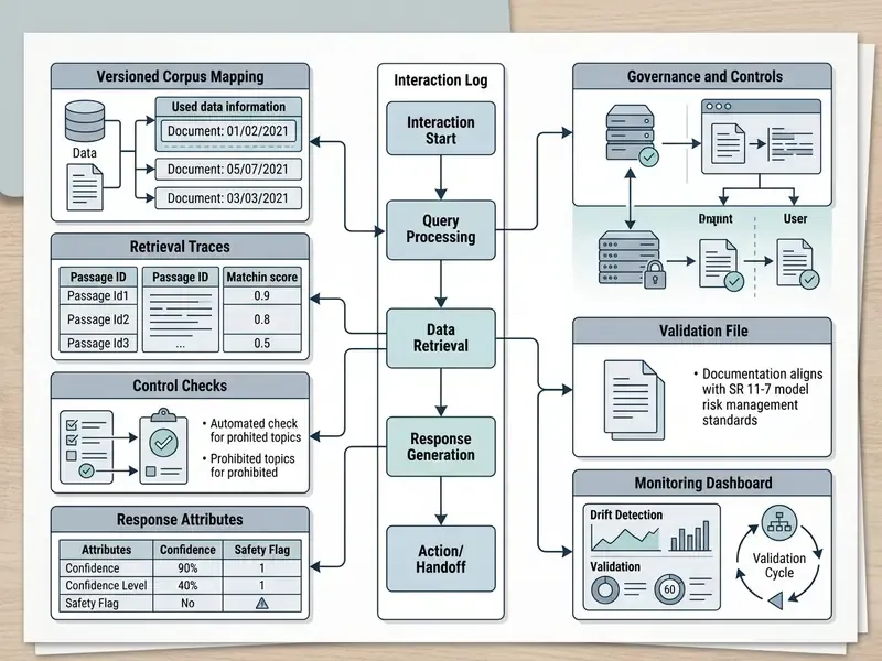 Diagram mapping interaction logs to data retrieval, governance, validation, and monitoring components
