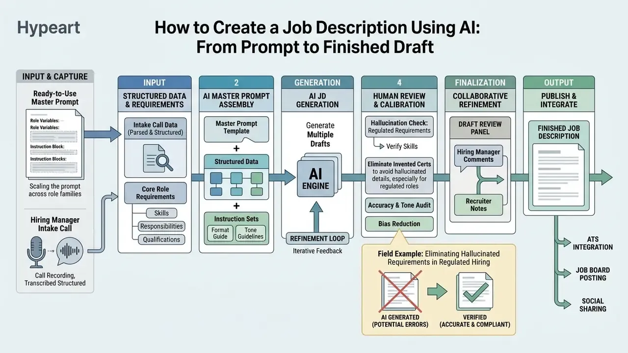 Flowchart detailing the AI job description generator process from initial input to final publication
